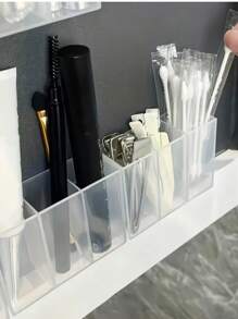 2pcs Minimalist Transparent Plastic Storage Boxes - Wall Mounted 3-Compartment Organizer - Suitable For Makeup Brushes, Pencils, Lipsticks - For Bedroom And Office Use - No Drilling Required