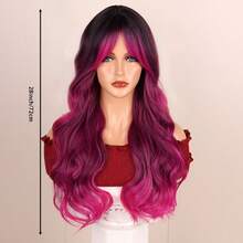 26-30 Inch Rose Pink Ombre Wig For Women - Curly Synthetic Hair With Bangs & Rose Mesh Cap, Heat-Resistant For Daily Wear & Themed Parties - Purple - View 8