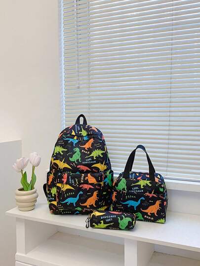 طقم جديد مكون من 3 قطع للبنين والبنات، طباعة وحيد القرن الكرتوني والديناصور والسيارة والآيس كريم على حقيبة الظهر والحقيبة اليدوية وحافظة الأقلام، إغلاق بسحاب، قابلة للطي، حقيبة متعددة الوظائف، تصميم أنيق وجميل للمدرسة والتنقل والسفر والأنشطة الخارجية أو هدايا الأصدقاء