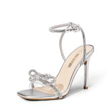 Women's Double Bowknots Crystal Sandals Clear Slingback Heels Square Toe Shoes For Party Wedding - Bạc - Xem 1