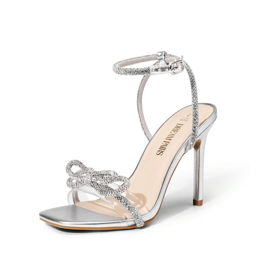 Women's Double Bowknots Crystal Sandals Clear Slingback Heels Square Toe Shoes For Party Wedding - Bạc - Xem 1