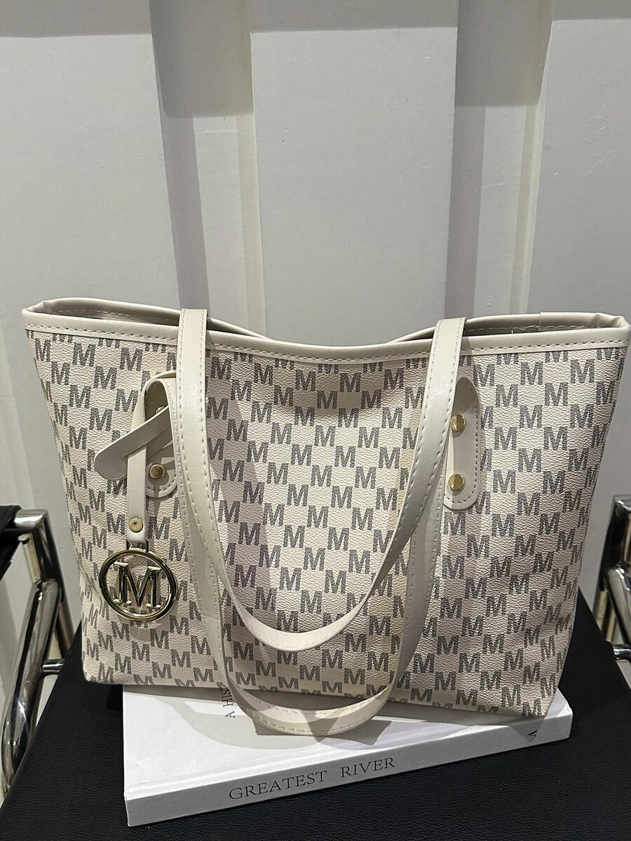 Large Capacity Letter Print Tote Bag, Plaid Shoulder Bag For Women, Commute Style - White - View 1