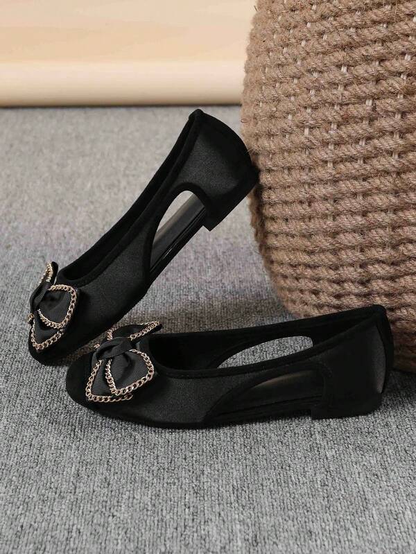 Women's Ballet Flats, Fashionable Square Toe Slip-On Soft Bottom Shoes, Versatile Flat Shoes, Black Flat Bow Tie Loafers, Size Run Large