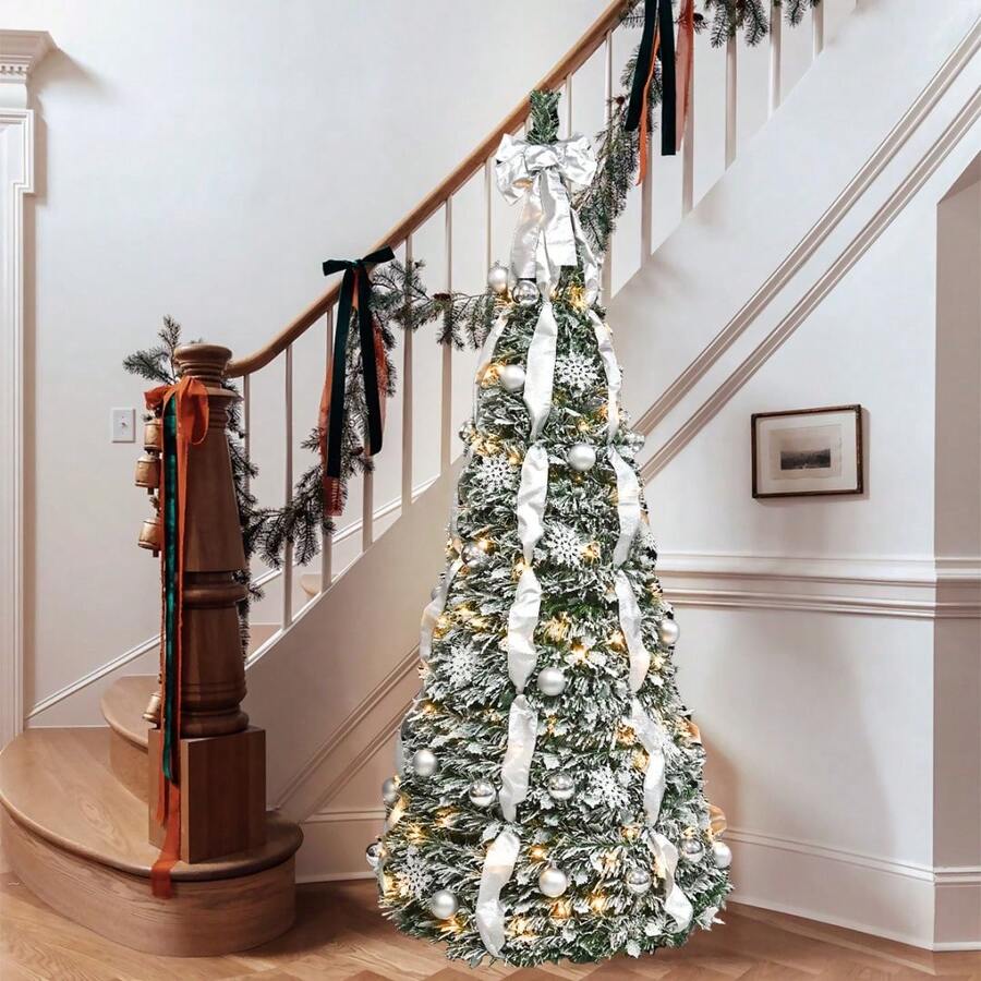 Pop-Up Artificial Christmas Tree, Includes Two Sizes (6ft/7ft), Equipped With UL Light String, Pine Cones And Christmas Balls, Easy To Install Folding Design Plastic Base,, Suitable For Office, Home,Christmas Party Decoration