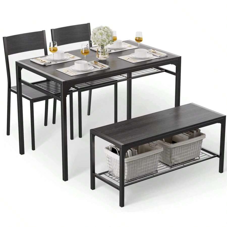4-Piece Dining Table Set With Bench Kitchen Table And 2 Chairs For 4 People With Bench For Small Space, Apartment - Black - View 1