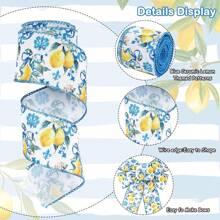 2 Rolls, Lemon Wired Edge Ribbon - Blue Tile Lemon Floral Craft Ribbon With Stitched Edges, Durable Polyester For Summer Birthday Gift Wrapping, Wreath & DIY Crafts