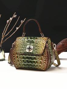 Classic Solid Color Mini Square Handbag, Crocodile Pattern Top Handle Bag For Women - 1#綠色+棕色 - 查看 2