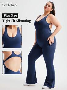 Catch Halo Open Back Scoop Neck Flared Sleeveless Plus Size Bodysuit - Tummy Control & Butt Lifting & Tight Fit Slimming & Sculpting For Curvy Women | 4-Way Stretch Quick Dry Workout Outfit For Gym, Yoga, Pilate, Running, Cycling (Navy Blue, 0XL~2XL)