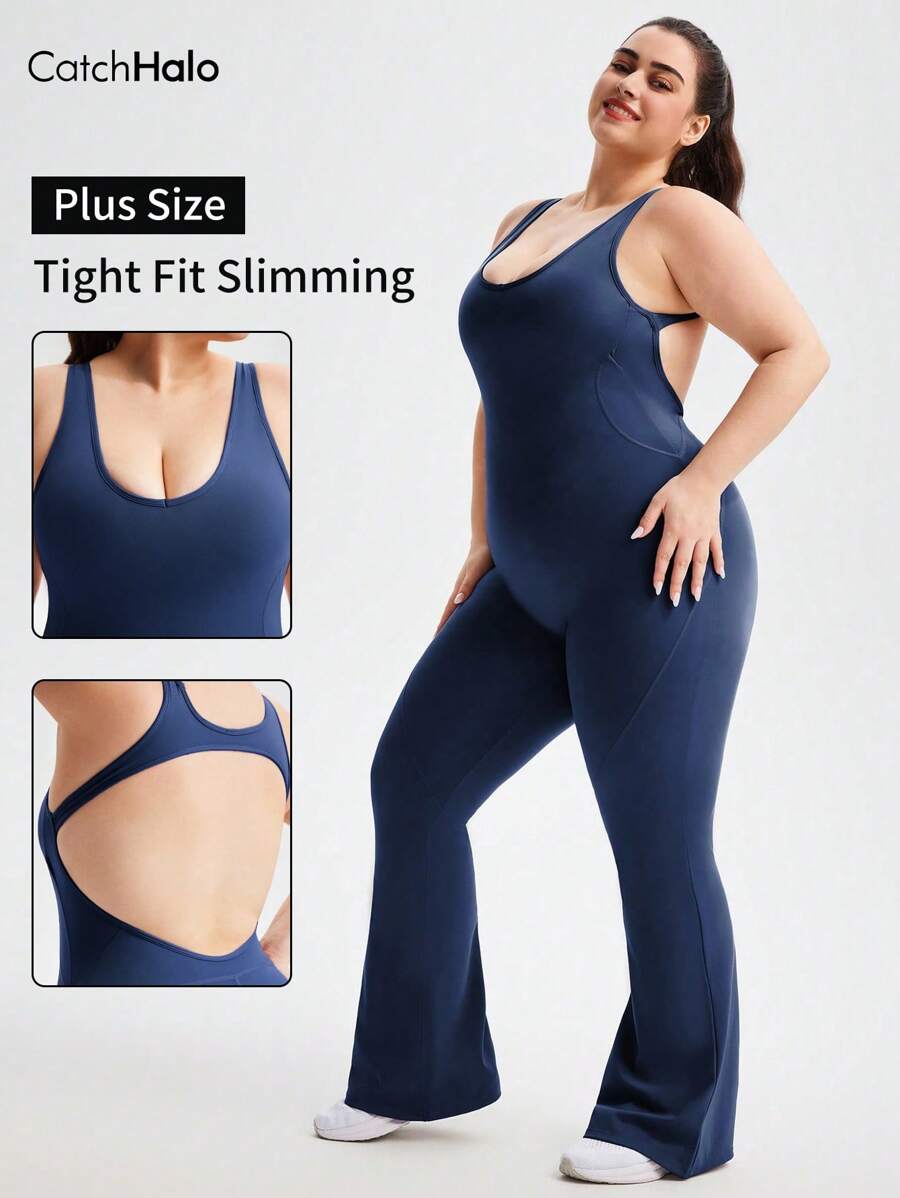 Catch Halo Open Back Scoop Neck Flared Sleeveless Plus Size Bodysuit - Tummy Control & Butt Lifting & Tight Fit Slimming & Sculpting For Curvy Women | 4-Way Stretch Quick Dry Workout Outfit For Gym, Yoga, Pilate, Running, Cycling (Navy Blue, 0XL~2XL)