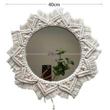 1 szt. Makrama Wiszące lustro do makijażu, Boho Style Wall Decor Round Tapestry Acrylic Mirror, Ręcznie tkane liście na krawędziach wiszące na ścianie, Dekoracja do salonu, sypialni, biura