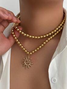 2pcs/Set Sunflower Pendant Beaded Double-Layer Necklace Set, Fashionable & Versatile For Men - Sunflower - View 13