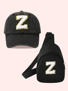 2件套儿童男童纯色26字母棒球帽和卡车帽配迷你背包套装，女童2件套轻便便携式零钱包，适合日常户外防晒