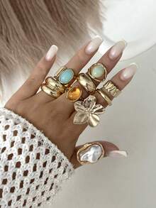 9pcs/Set French Minimalist Personalized Design Metal Vintage Ring Set, Suitable For Parties, Gifts, Daily Wear - Multicolor - View 3