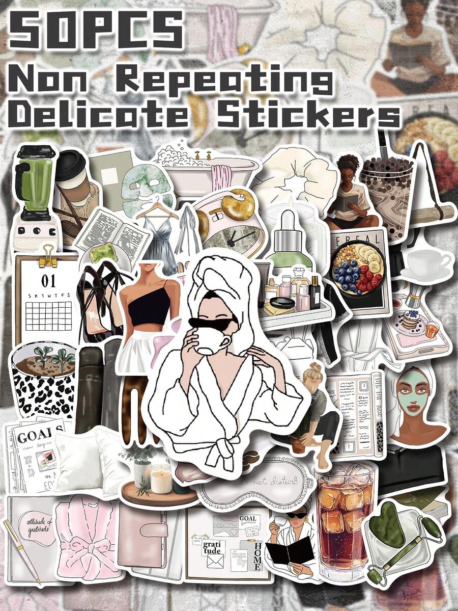 50pcs Cute Girl Daily Theme Stickers, Non-Repetitive, Exquisite Decor, Suitable For Back To School Gifts, Classroom Rewards, Halloween, Thanksgiving, Christmas Gifts, Holiday Gifts, Party Decorations, Home Decor, Birthday Gifts, Also Can Be Used On Luggage, Skateboards, Handbags, Water Bottles, Cups, Laptops, Tablets, Phone Cases, Notebooks, Etc. - Multicolor - View 1