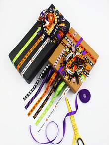 1pc 5 Yards/Roll 10mm Halloween Ribbon, Halloween Party Decoration Supplies, Bow Headband Material, English Letter & Solid Color Woven Tape - Multicolor - View 3