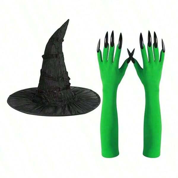 Halloween Prop Cosplay Wrinkled Witch Hat And Green Witch Claw Gloves, Witch Hat For Holiday Party, Masquerade Ball