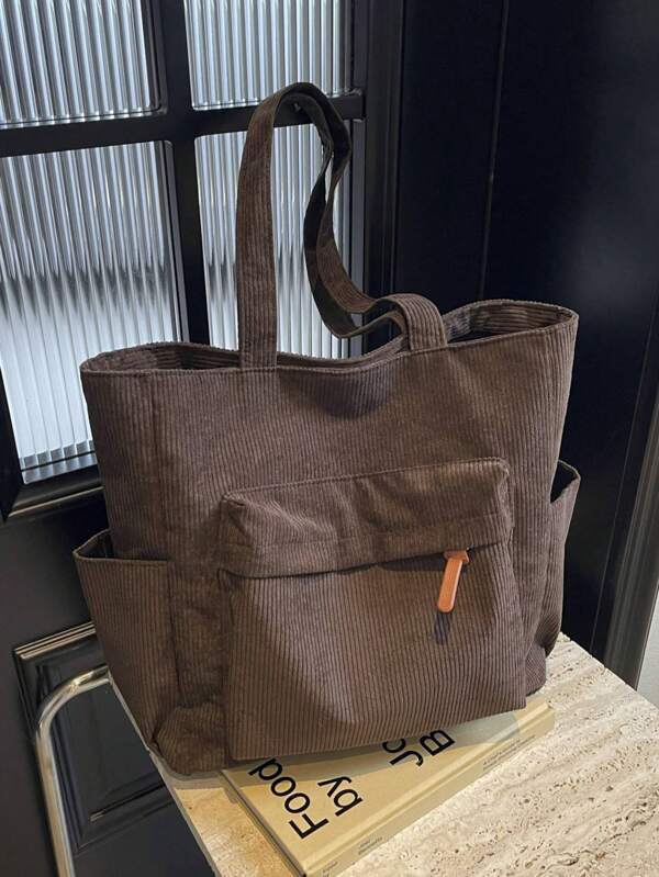 Bolso de tote de pana de unicolor simple para mujeres, bolso de hombro casual para vacaciones y viajes de gran capacidad, bolso ligero y versátil para compras, almacenamiento de comestibles, bolso portátil con múltiples bolsillos para uso diario en la oficina