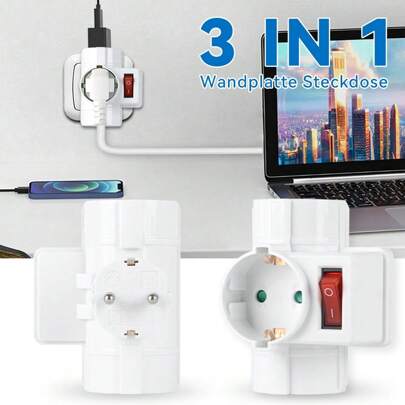 CILIA CILIA 1/2 piezas Enchufe Schuko triple / Adaptador eléctrico vertical múltiple, 3 tomas universales con protección infantil, 250V/16A, estándar alemán combinado, para uso doméstico y comercial