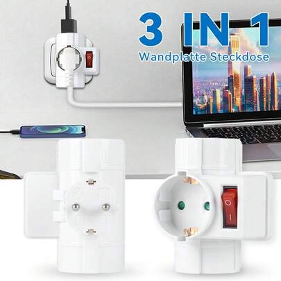 CILIA 1/2pcs Triple Schuko Socket Multiple Vertical Electrical Adapter, 3 Universal Sockets With Child Protection,250V/16A ,Combined German Standard,For Home And Commercial Use