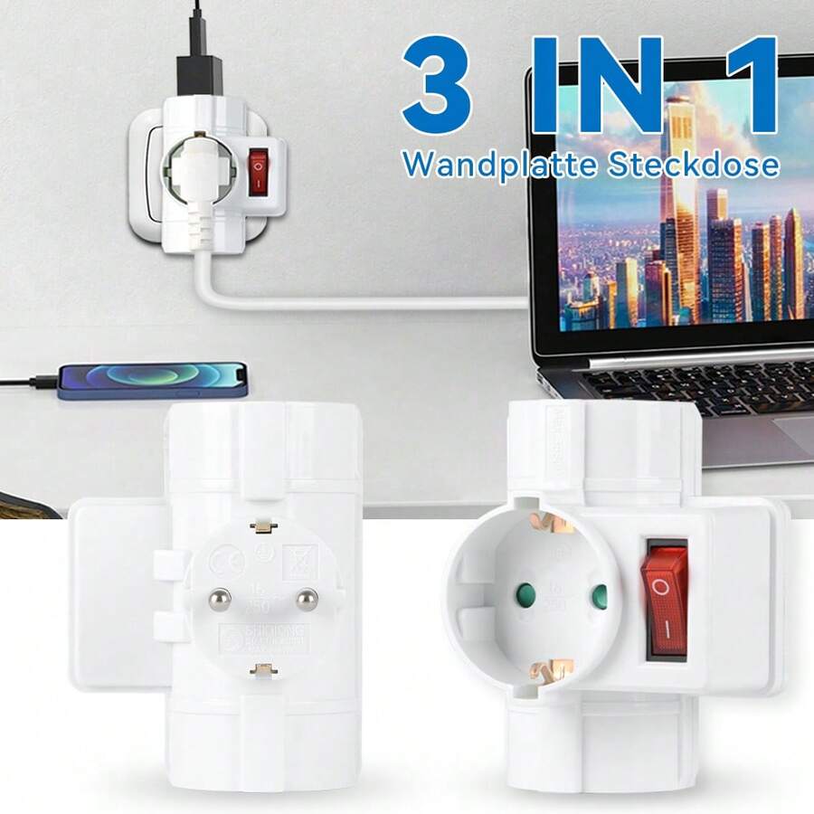 CILIA 1/2pcs Triple Schuko Socket Multiple Vertical Electrical Adapter, 3 Universal Sockets With Child Protection,250V/16A ,Combined German Standard,For Home And Commercial Use - View 1
