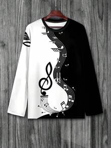Camiseta de manga larga con cuello redondo y estampado de notas musicales, adecuada para el uso diario y versátil, talla grande para hombres