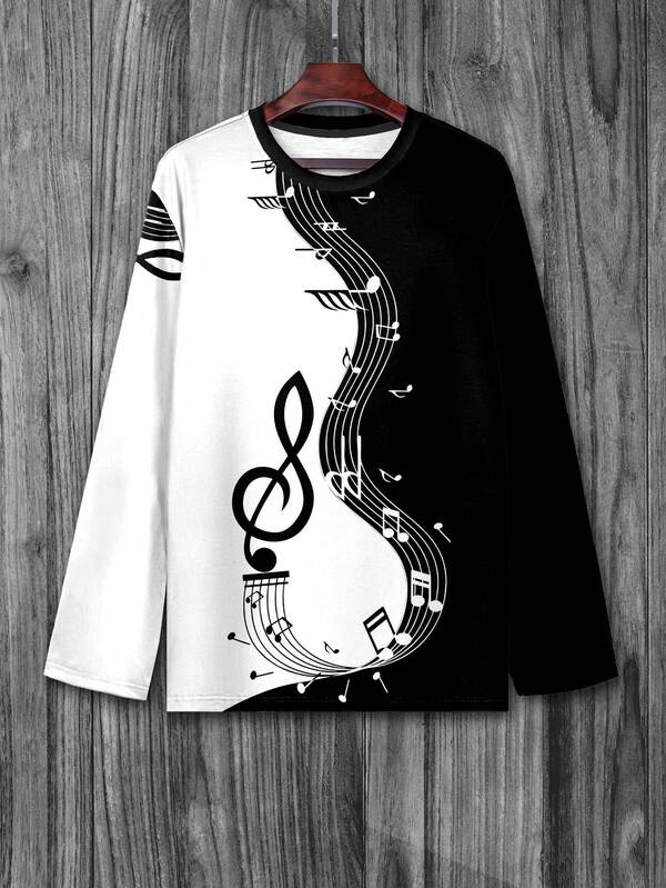 Plus Size Men's Casual Musical Note Print Round Neck Long Sleeve T-Shirt, Suitable For Daily Commute And Versatile
