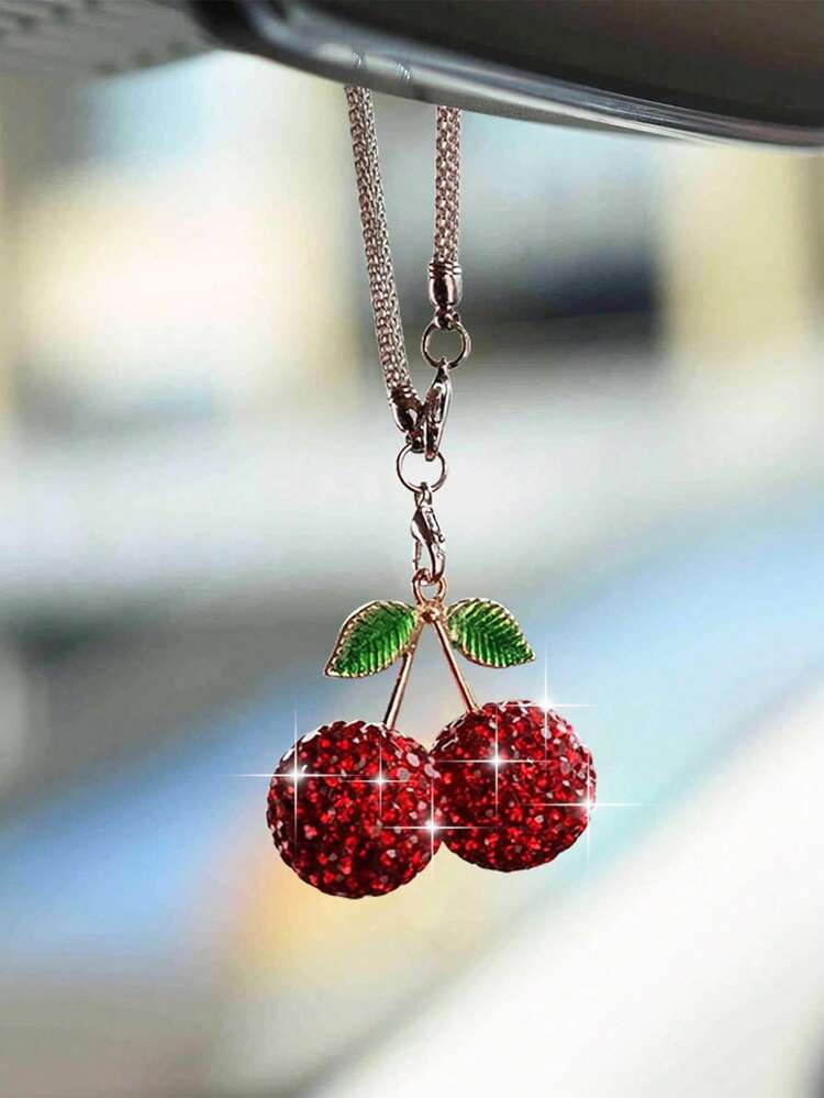 1pc Car Rearview Mirror Cherry Rhinestone Decorative Pendant For Women's Interior Decoration Accessories - Multicolor - View 8