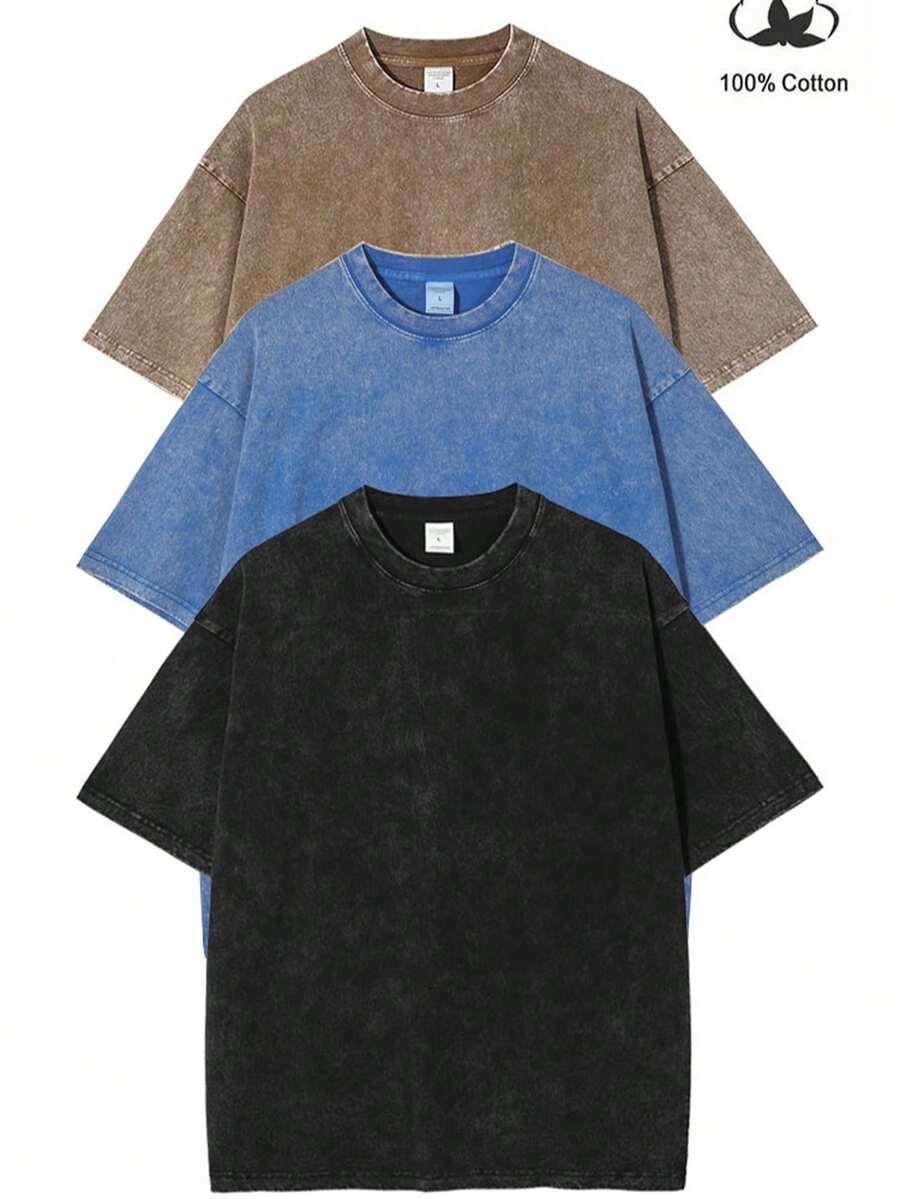 3pcs Men's Heavyweight 230gsm 100% Cotton T-Shirts - Retro Washed Streetwear Loose Fit Round Neck Short Sleeve, Breathable All-Season Casual Tees In Coffee Brown,Light Grey & Black ,Blue Rose Red & Green - Cà phê nâu - Xem 1