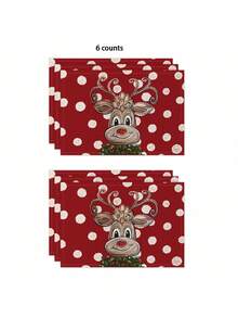 4 pezzi/6 pezzi Tovagliette natalizie rosse con renne e pois, tovagliette termoisolanti in lino, tovagliette da tavola festive per la casa e gli eventi di vacanza 12 in * 18 in / 45 * 30 cm