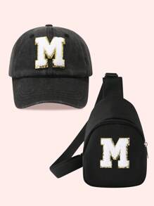 2件套儿童男童纯色26字母棒球帽和卡车帽配迷你背包套装，女童2件套轻便便携式零钱包，适合日常户外防晒