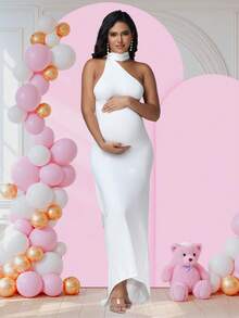 JustVH Vestido largo asimétrico con cuello fruncido y espalda descubierta con lazo para embarazadas, baby shower, sesión de fotos, fiesta, color blanco primaveral - Blanco - Ver 5