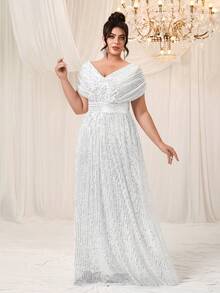 YISIKADO 大码女式亮片V领披肩短袖派对晚礼服 - 白色 - 查看 1