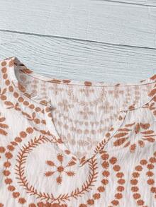 女士休闲舒适竹编打结印花拼接V领套头衫 夏季度假 - 玫瑰金 - 查看 3