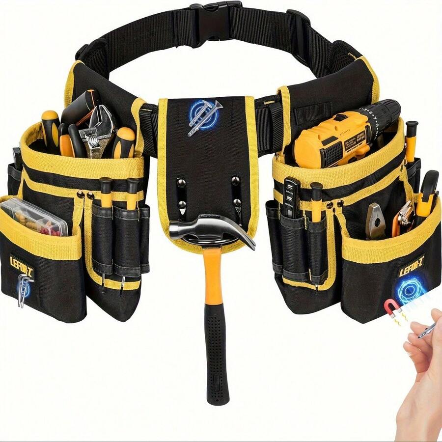 1pc Heavy Duty Tool Belt With 26 Pockets & 130cm Adjustable Shoulder Strap - Black Tool Organizer For DIY Projects, Woodworking & Home Improvement, Magnetic Tool Holder & Practical Design - Essential Gear For Woodworkers, Contractors & Handyman Tools