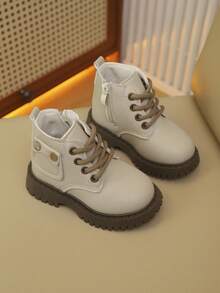 1 Paar Kinderstiefel, Unisex, Herbst-/Winterstil, neues Schnür- und Reißverschlussdesign, modisch und elegant, leicht und bequem, geeignet für Outdoor-Wanderungen. Stiefel - Beige - Übersicht 1