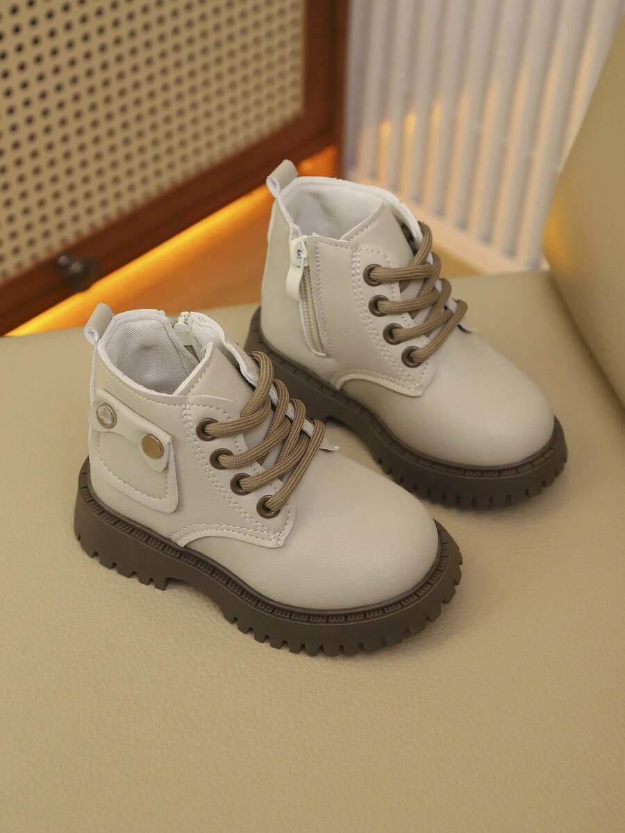 1 Paar Kinderstiefel, Unisex, Herbst-/Winterstil, neues Schnür- und Reißverschlussdesign, modisch und elegant, leicht und bequem, geeignet für Outdoor-Wanderungen. Stiefel - Beige - Übersicht 1