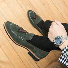 Men's English Frosted Leather Oxford Shoes, Dress Loafers, Business Casual Pointed Toe Fringed Loafers - 綠色 - 查看 3