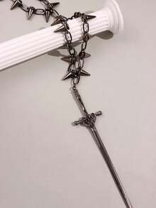 1 件时尚朋克风格黑色刺钉铆钉装饰长项链，街头休闲装 - 彩色 - 查看 6