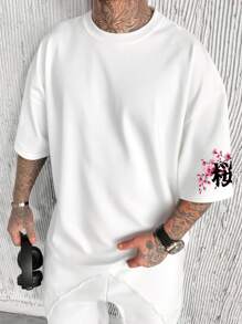 Men's Casual Japanese Sakura Samurai Design Graphic Print White Short Sleeve Crew Neck T-Shirt