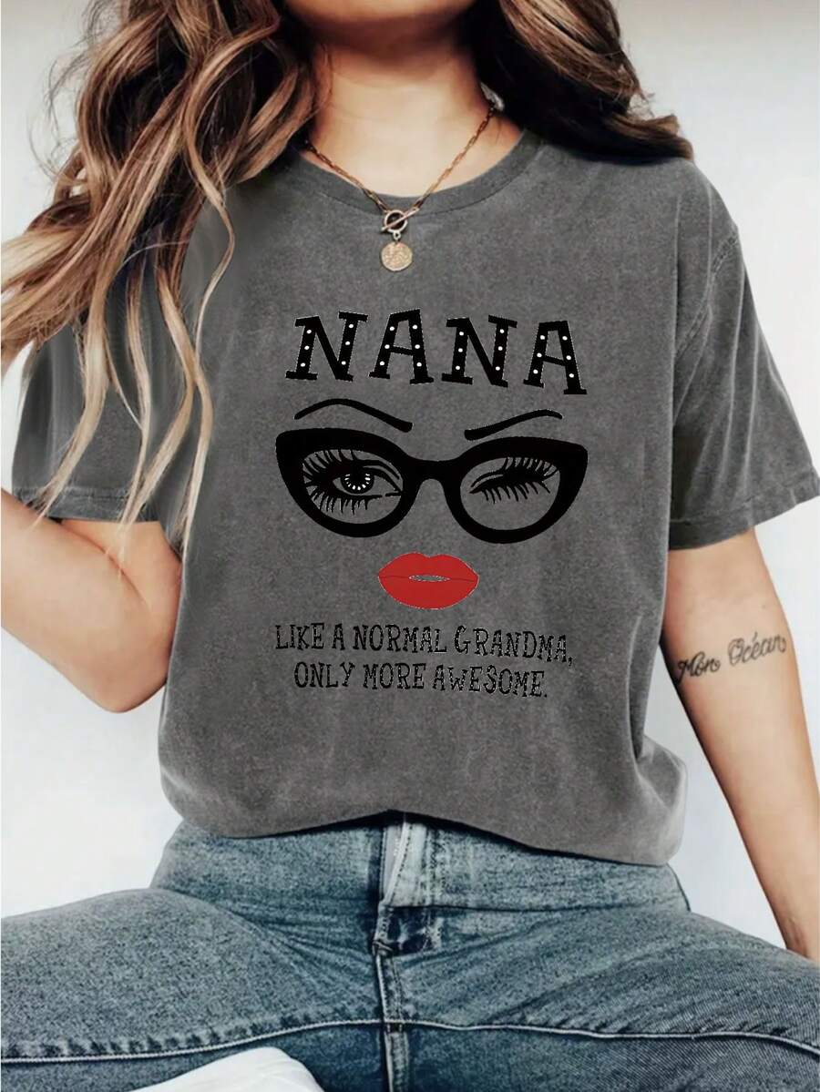 Chic 'Nana' Letter Print Tee - Effortless Style, Comfy Crew Neck, Short Sleeve - Versatile Women's Top For Casual Outings And Everyday Wear - 深灰色 - 查看 1