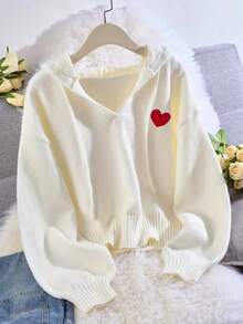 Áo nỉ cổ chữ V có mũ trùm đầu màu trắng dành cho nữ, thiết kế mới cho mùa thu, áo dài tay dáng croptop rộng rãi thêu hình trái tim, áo nỉ chui đầu phong cách Hàn Quốc có dây rút thường ngày, thích hợp mặc hàng ngày, hẹn hò, ngày lễ vào mùa thu/đông - trắng - Xem 7
