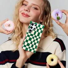Checkered Phone Case For Samsung Galaxy S24 Ultra S22 S23 And A Series, Cute Plaid Checkerboard, Floral Pattern Compatible With IPhone 16 15 14 13 12 11 Pro Max Plus Protective Case Cover For Girls Women - Green Checkered - 查看 5