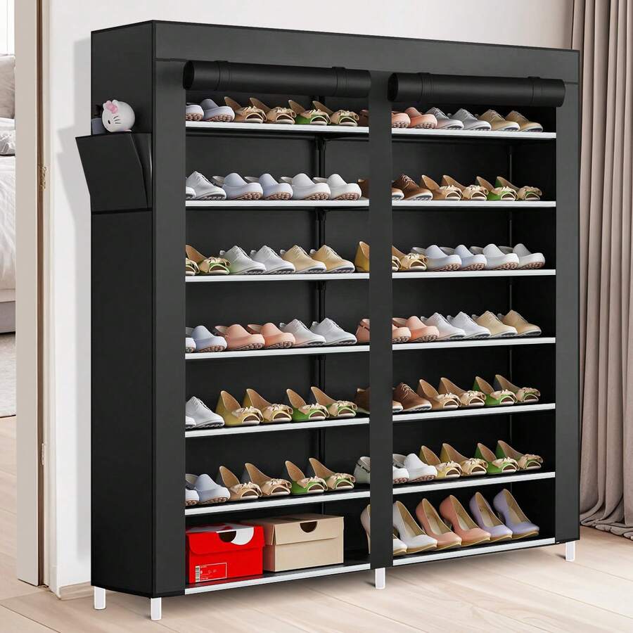 Senmeo Double Row 7 Layer Shoe Cabinet With Dust Cover, Non-Woven Space-Saving Shoe Rack With Large Capacity, Easy To Assemble, Portable Shoe Cabinet, Suitable For Various Scenes Such As Entrance, Storage Rack, Home And Dormitory Storage - màu đen - Xem 1