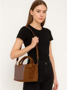 Small Italian-Made Tote Shoulder Bag, Can Be Handheld Or Worn Crossbody, Woven Patchwork Real Leather Tote Bag, Suitable For Shopping, Commuting, And Daily Use, An Excellent Gift Choice. - Brown - View 2