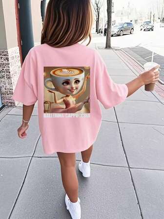 Tween Girl Casual Graphic Print Crew Neck Short Sleeve T-Shirt, Summer Top