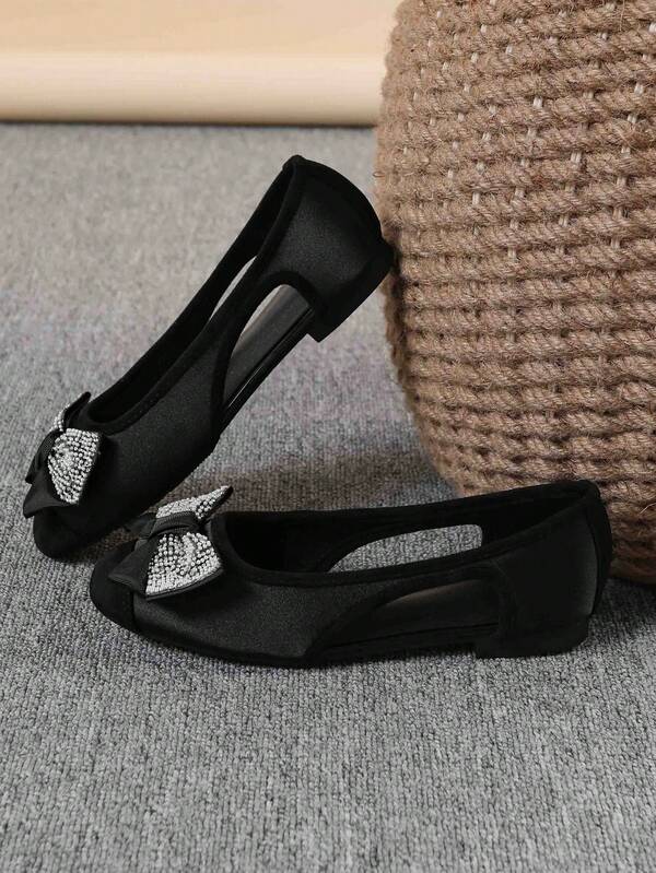 Women's Ballet Flats, Fashionable Square Toe Slip-On Soft Bottom Shoes, Versatile Flat Shoes, Black Flat Bowknot Loafers, Size Run Large