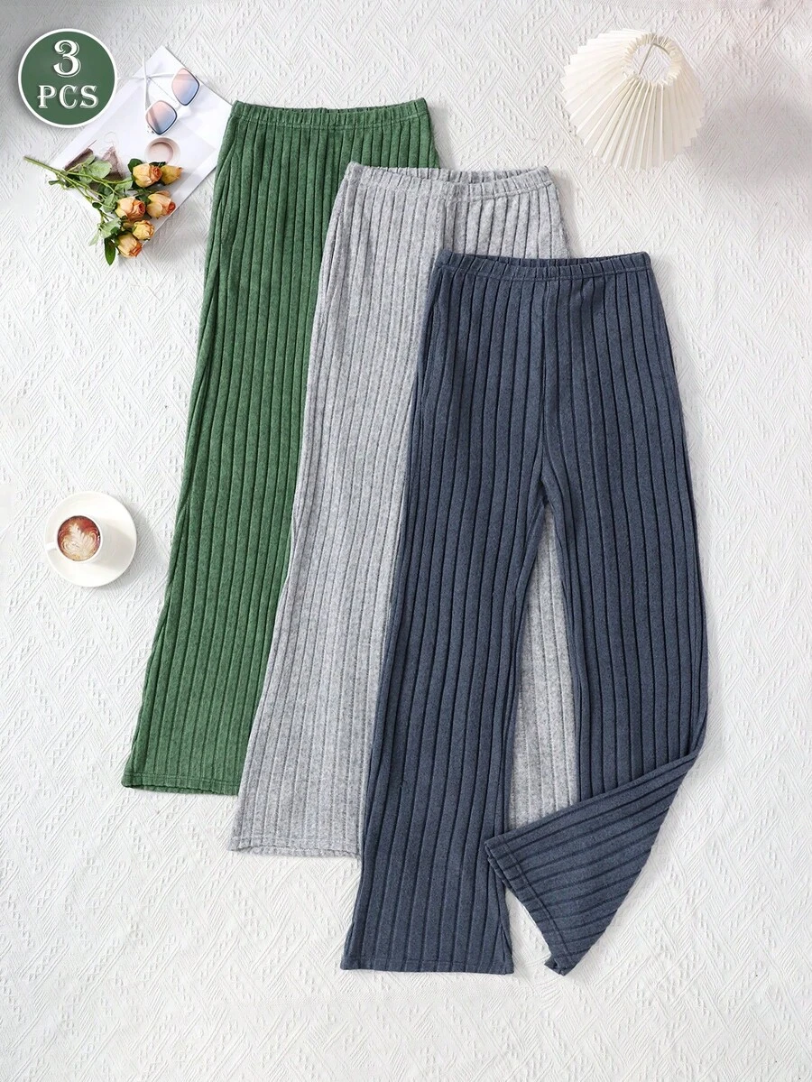 3 sztuki damskich spodni dzwonów o dopasowanym kroju, w jednolitym kolorze, prążkowanych, miękkich i wygodnych na jesień/zimę i jesienne ubrania