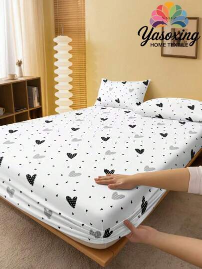 2/3pcs /Set White Black Heart-Shaped Love Pattern Fitted Sheet Set Without Filler, Fitted Sheet Set For Bedroom Brushed Microfiber Breathable Comfortable 1pc Mattress Cover With 1/2pcs Pillowcase, Bed Cover Set King Queen Full Twin Size Fitted Sheet Set For Bedroom Brushed Microfiber Breathable Comfortable Sheet Bedspread Deep Pocket Up To 11.8 Inch Breathable Wrinkle-Free Better For Sleep, Machine Washable,Domitory Bedding,Back School