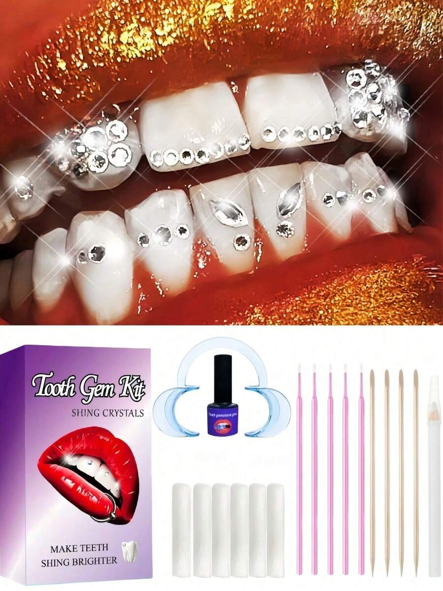 200pcs Self-Adhesive DIY Tooth Gems Set, Fashion Tooth Jewelry, Crystal Rhinestones, Super Shiny White Tooth Decor, Butterfly Flat Diamonds, Dental Beauty Materials Kit, European & American Hip-Hop Goth Y2K Style, Includes All Tools - Tooth Jewelry Set - View 1