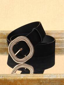 Cinto feminino de couro sintético preto com fivela de metal, moda casual, estilo urbano, adequado para uso diário, outono, Halloween - Preto - Ver 1